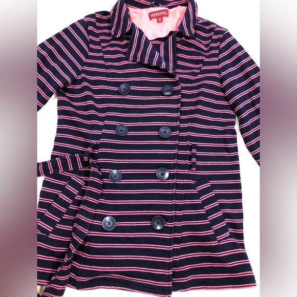 Merona EUC Navy & Pink Striped Double Breasted Knit Jacket w/Tie Belt Large - Picture 4 of 14